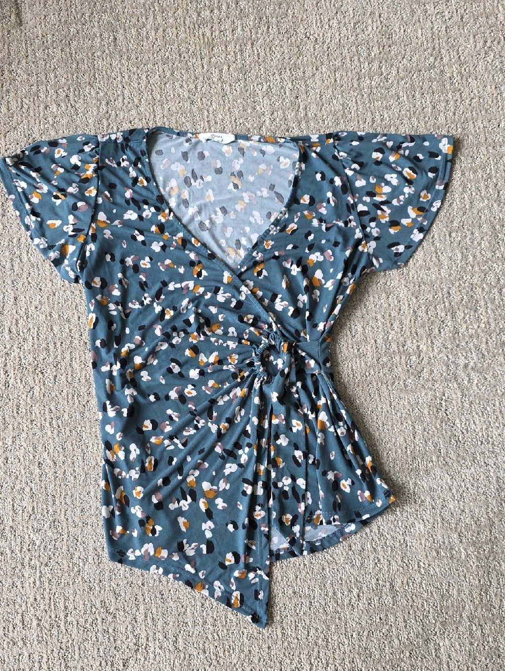Tie-Waist Flutter Sleeve Wrap Top in Teal Abstract Spot